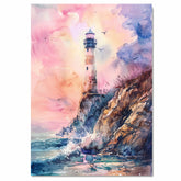 Vibrant Lighthouse on Ocean Cliff with Crashing Waves and Soaring Birds in a Stunning Watercolor Sunset Seascape Scene on Ready to Hang 1.5" Thick Canvas Wrap, Floating Framed Canvas, Flat Rolled Canvas